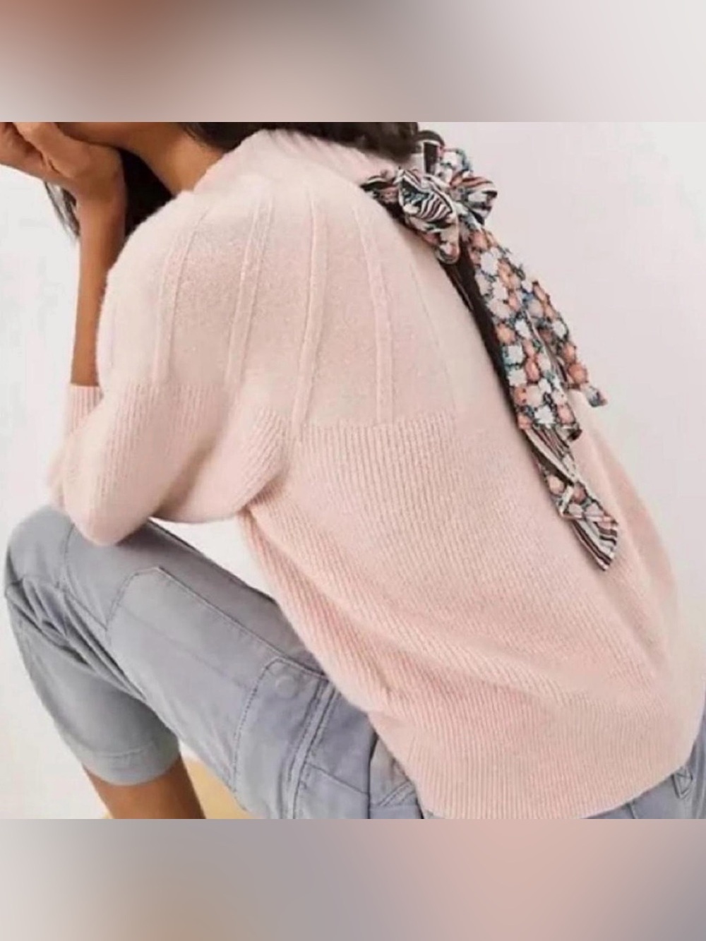ANTHROPOLOGIE XS Liora Scarf Tie Back Sweater Wool Yak Feminine Romantic Peach